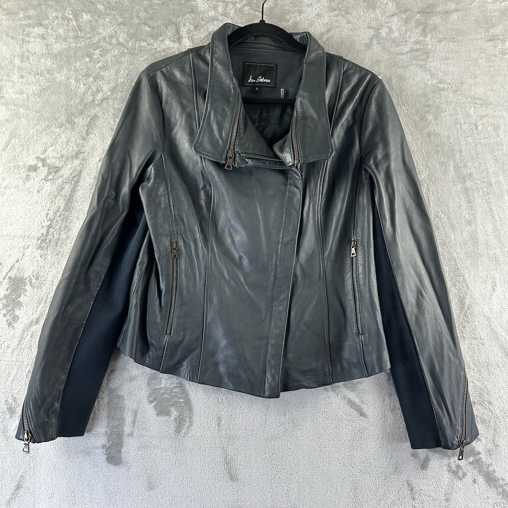 Sam Edelman Leather Moto Jacket Women's L Dark Teal Blue 100% Lamb Zip Up